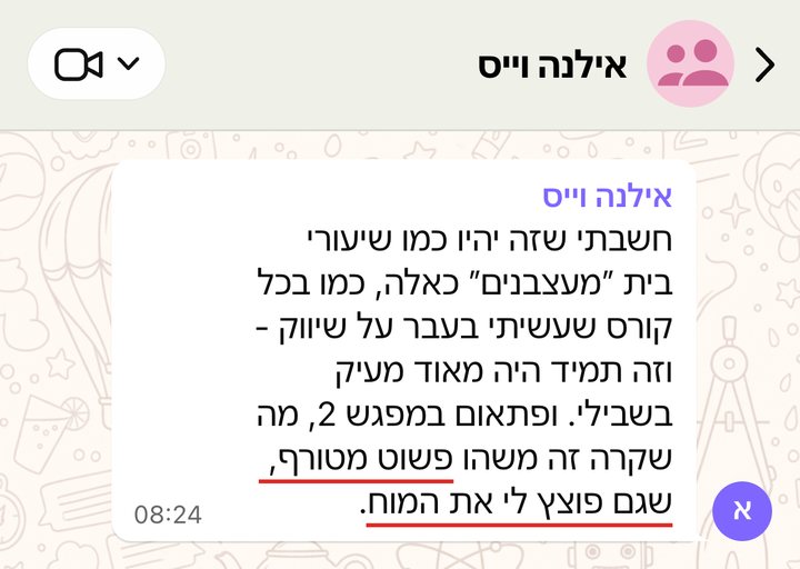 אילנה וייס: חשבתי שזה יהיו כמו שיעורי בית ״מעצבנים״ כאלה, כמו בכל קורס שעשיתי בעבר על שיווק - וזה תמיד היה מאוד מעיק בשבילי. ופתאום במפגש 2, מה שקרה זה משהו פשוט מטורף, שגם פוצץ לי את המוח.