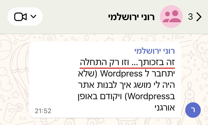 רוני ירושלמי: זה בזכותך… וזו רק התחלה יתחבר ל Wordpress (שלא היה לי מושג איך לבנות אתר בWordpress) ויקודם באופן אורגני