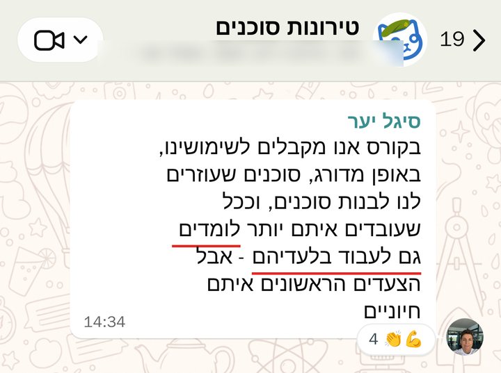 סיגל יער: בקורס אנו מקבלים לשימושינו, באופן מדורג, סוכנים שעוזרים לנו לבנות סוכנים, וככל שעובדים איתם יותר לומדים גם לעבוד בלעדיהם - אבל הצעדים הראשונים איתם חיוניים