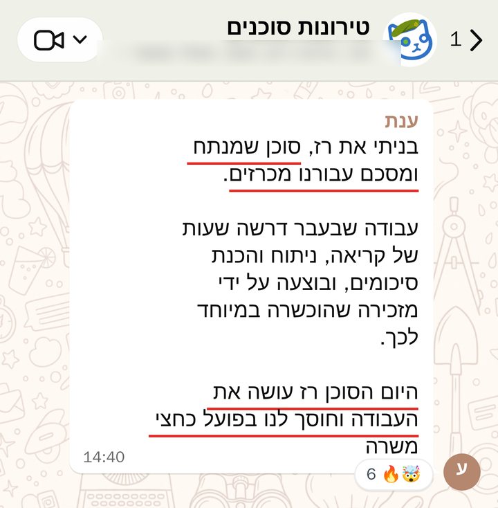 ענת: בניתי את רז, סוכן שמנתח ומסכם עבורנו מכרזים בתוך דקות. עבודה שבעבר דרשה שעות של קריאה, ניתוח והכנת סיכומים, ובפועל בוצעה אצלנו על ידי מזכירה שהוכשרה במיוחד לכך. היום הסוכן רז עושה את העבודה וחוסך לנו בפועל כחצי משרה