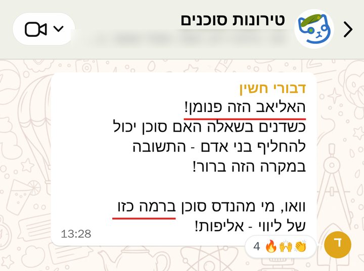 דבורי חשין: האליאב הזה פנומן! 
כשדנים בשאלה האם סוכן יכול להחליף בני אדם - התשובה במקרה הזה ברור! 

וואו, מי מהנדס סוכן ברמה כזו של ליווי - אליפות!