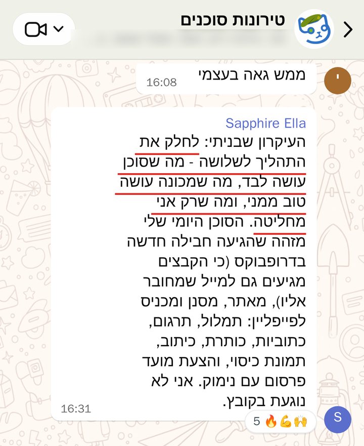 Sapphire Ella: העיקרון שבניתי: לחלק את התהליך לשלושה - מה שסוכן עושה לבד, מה שמכונה עושה טוב ממני, ומה שרק אני מחליטה. הסוכן היומי שלי מזהה שהגיעה חבילה חדשה בדרופבוקס (כי הקבצים מגיעים גם למייל שמחובר אליו), מאתר, מסנן ומכניס לפייפליין: תמלול, תרגום, כתוביות, כותרת, כיתוב, תמונת כיסוי, והצעת מועד פרסום עם נימוק. אני לא נוגעת בקובץ.